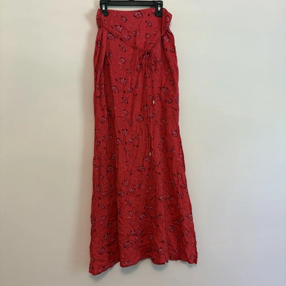 Free People Bijou Midi Red Floral Skirt Sz 6 Resort Feminine Zipper High‎ Slit